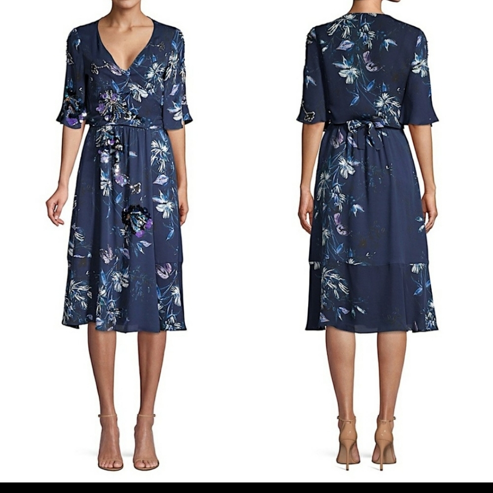 NWT Kobi HalperinMaria Printed Short-Sleeve Midi Wrap Dress with Paillet…